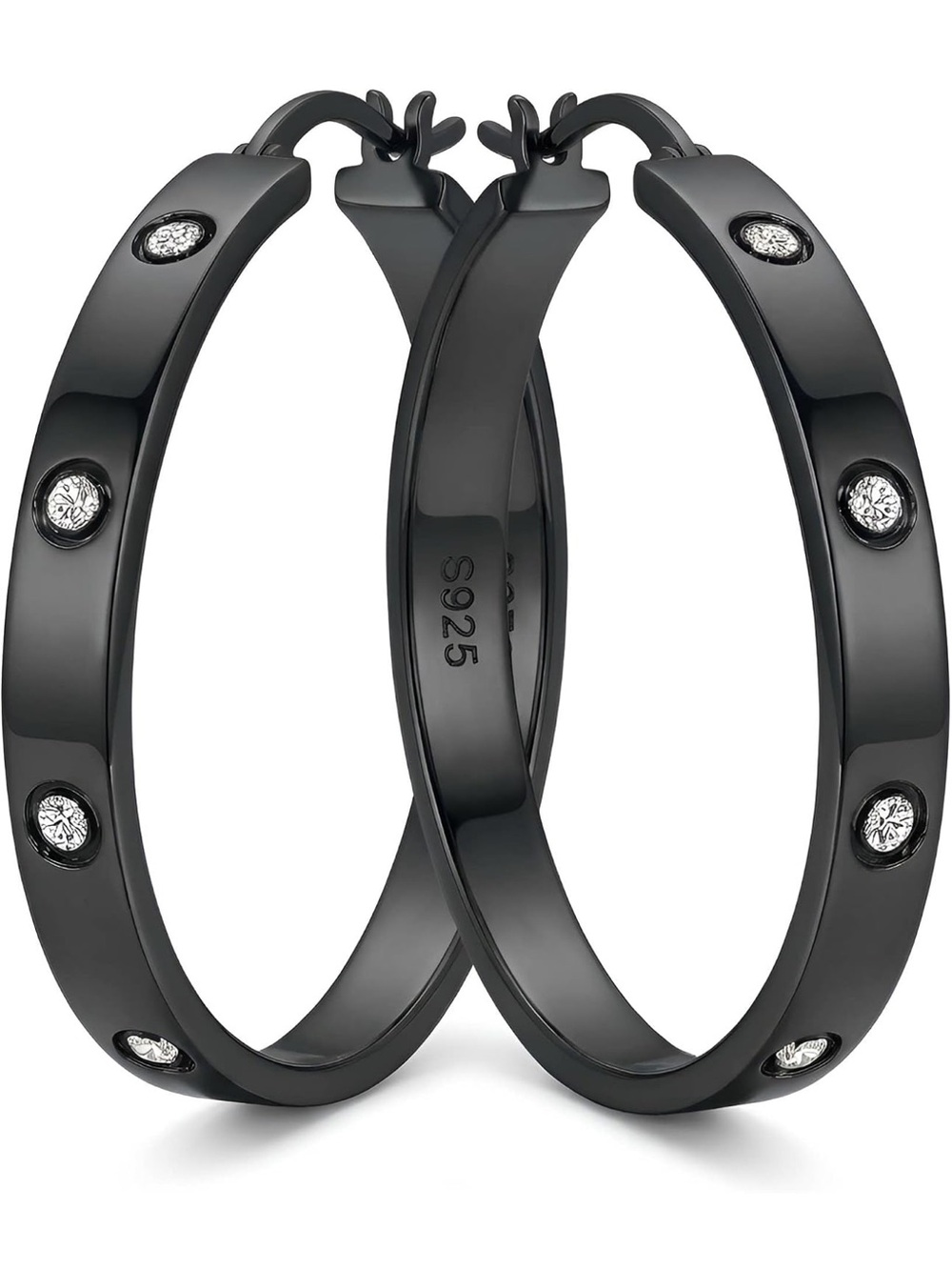 Black  Stainless Steel Hoop Earrings with Crystals